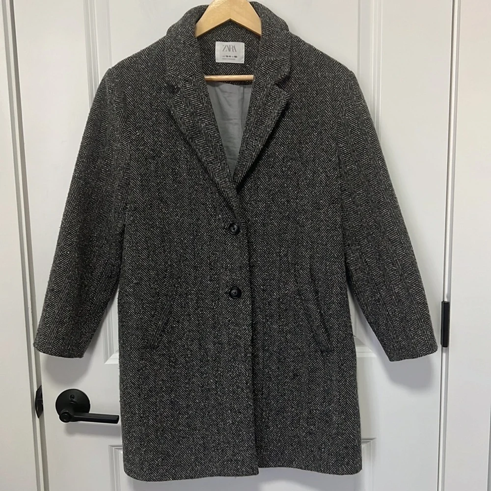Zara Gray Herringbone Wool Blend Girls Long Coat with pockets size 13-14 164cm